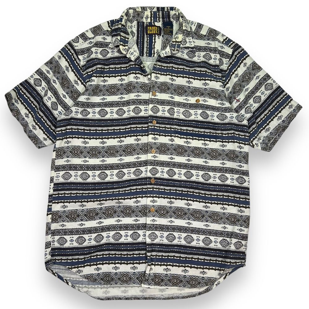 Vintage Faded Glory‎ Aztec Print Short Sleeve Button Down Shirt Navy Men's Large